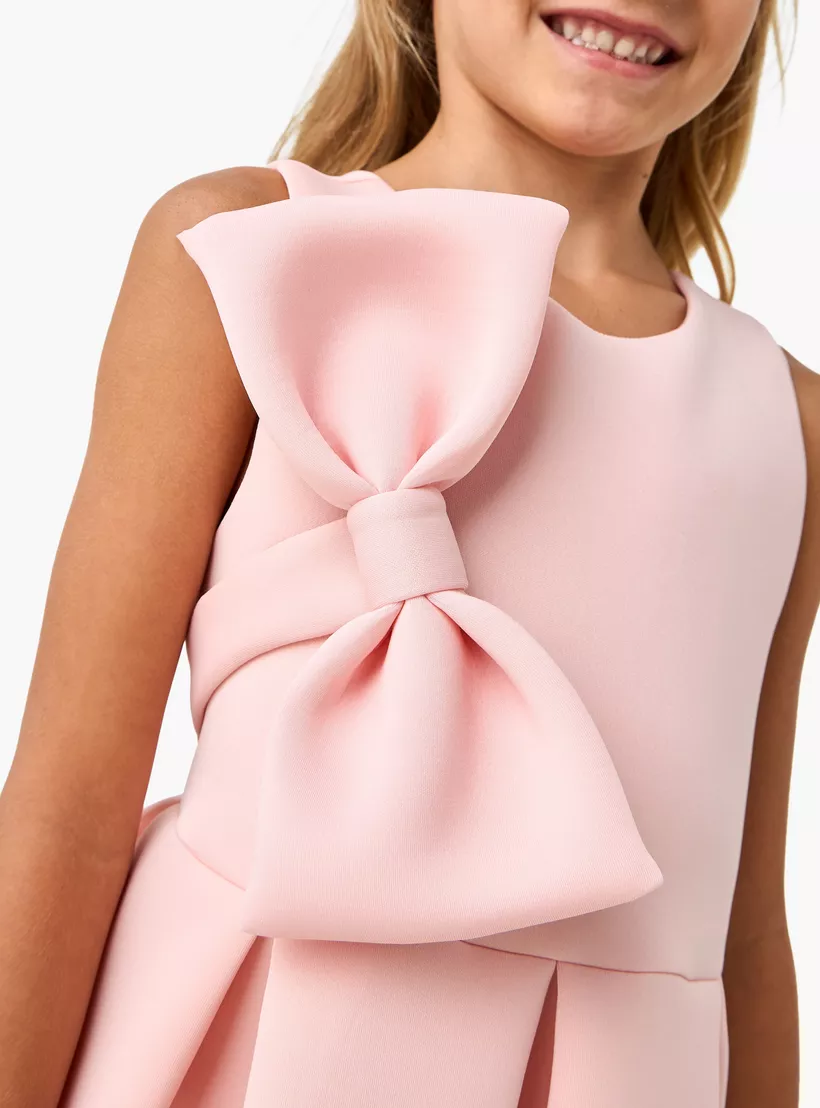 Juniors Bow Detail A-Line Sleeveless Dress with Zip Closure-4