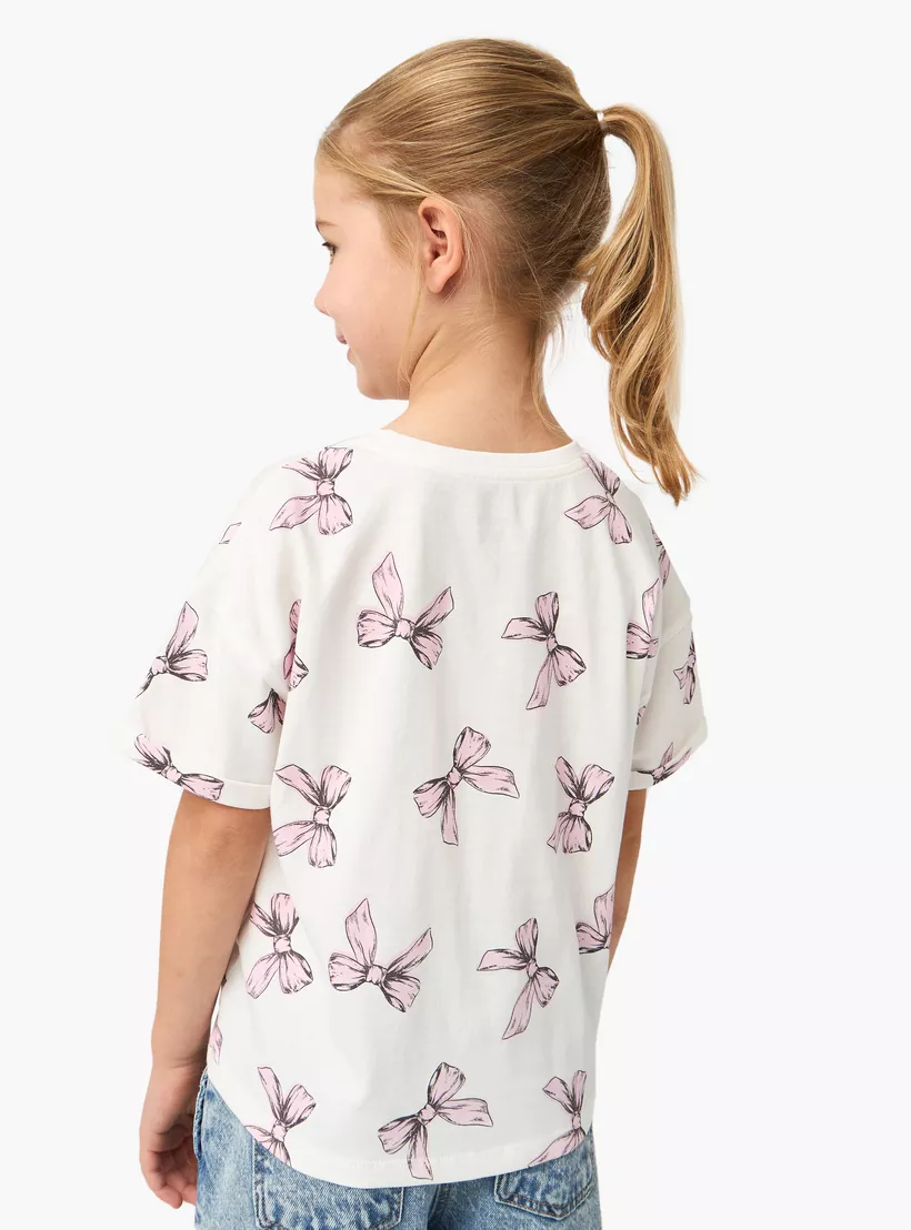 Juniors Bow Print Crew Neck T-shirt with Drop Shoulder-3