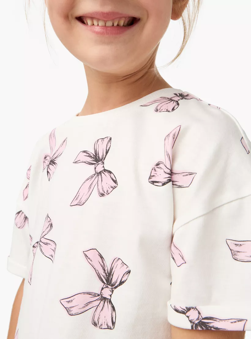 Juniors Bow Print Crew Neck T-shirt with Drop Shoulder-4