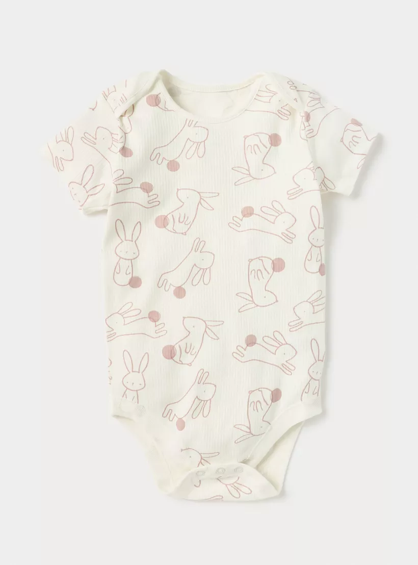 Juniors Bunny Print Bodysuit with Snap Button Closure - Set of 3-4