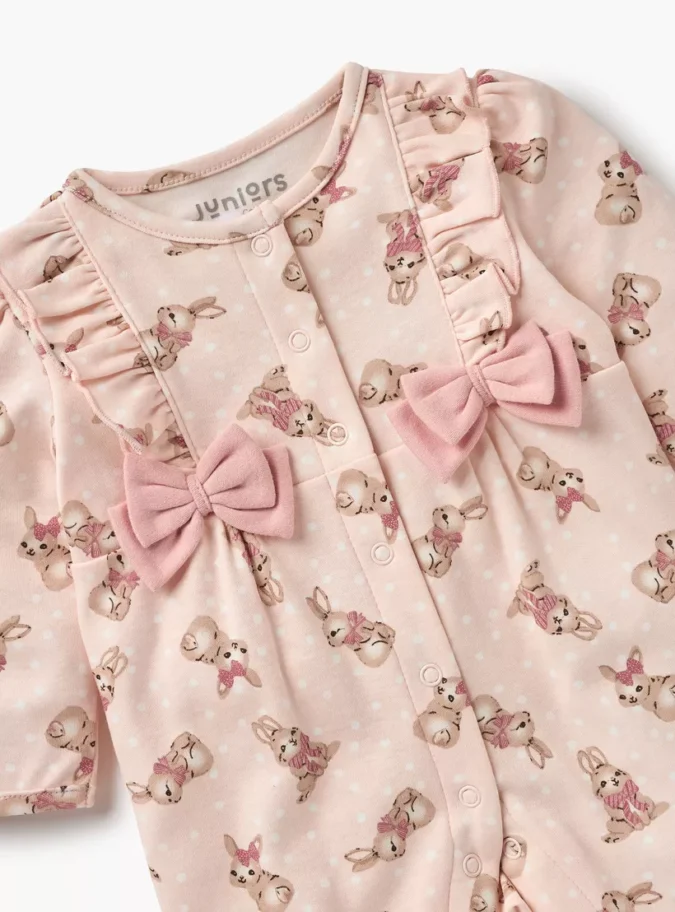 Juniors Bunny Print Closed Feet Sleepsuit with Button Closure-3