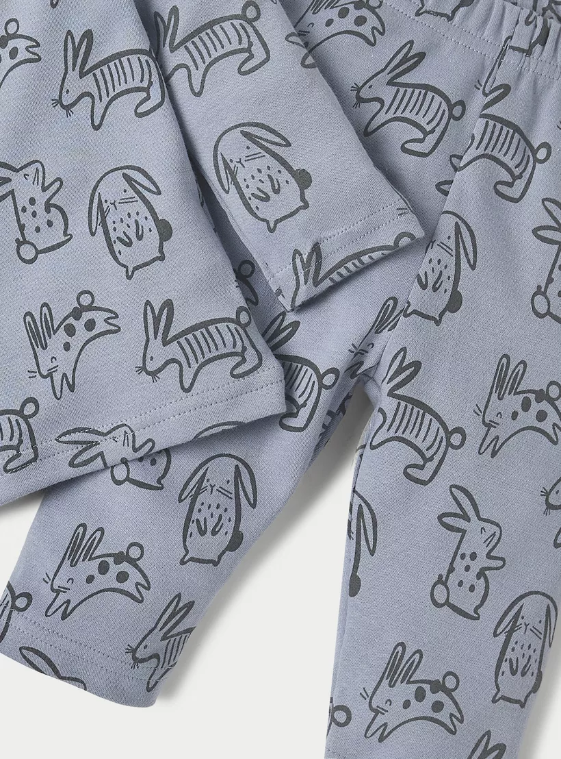 Juniors Bunny Print Long Sleeves T-shirt and Pyjama Set-4