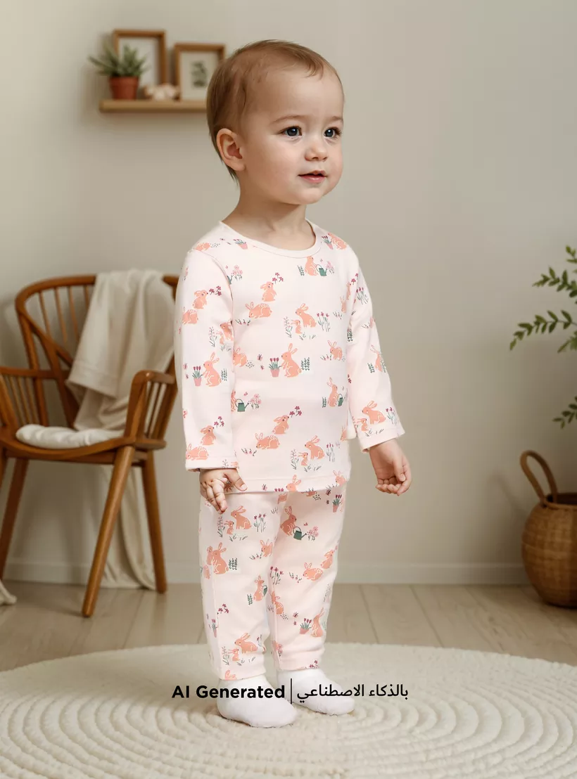 Juniors Bunny Print Long Sleeves T-shirt and Pyjama Set-4