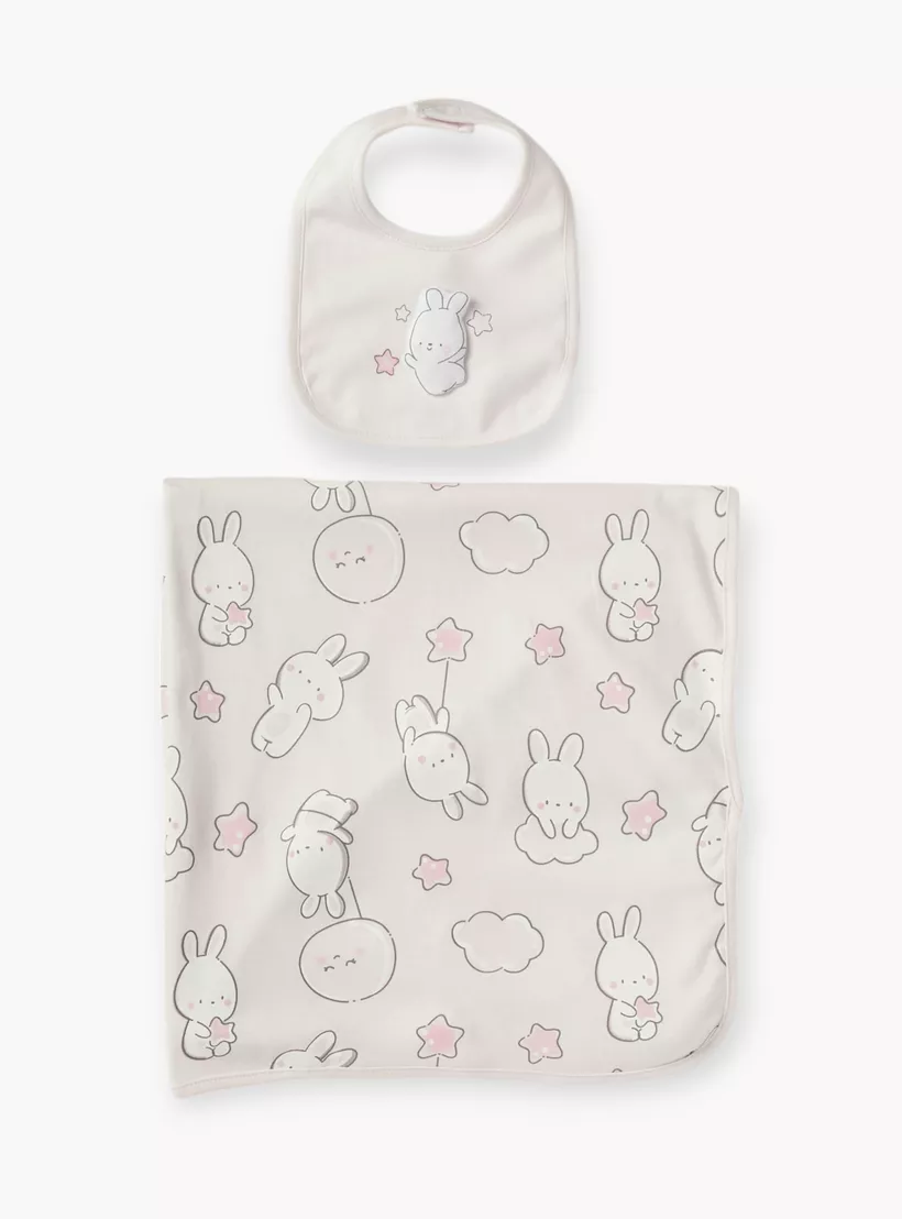 Juniors Bunny Print Sleepsuit with Bib and Blanket Set-3