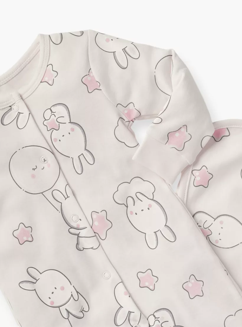 Juniors Bunny Print Sleepsuit with Bib and Blanket Set-4