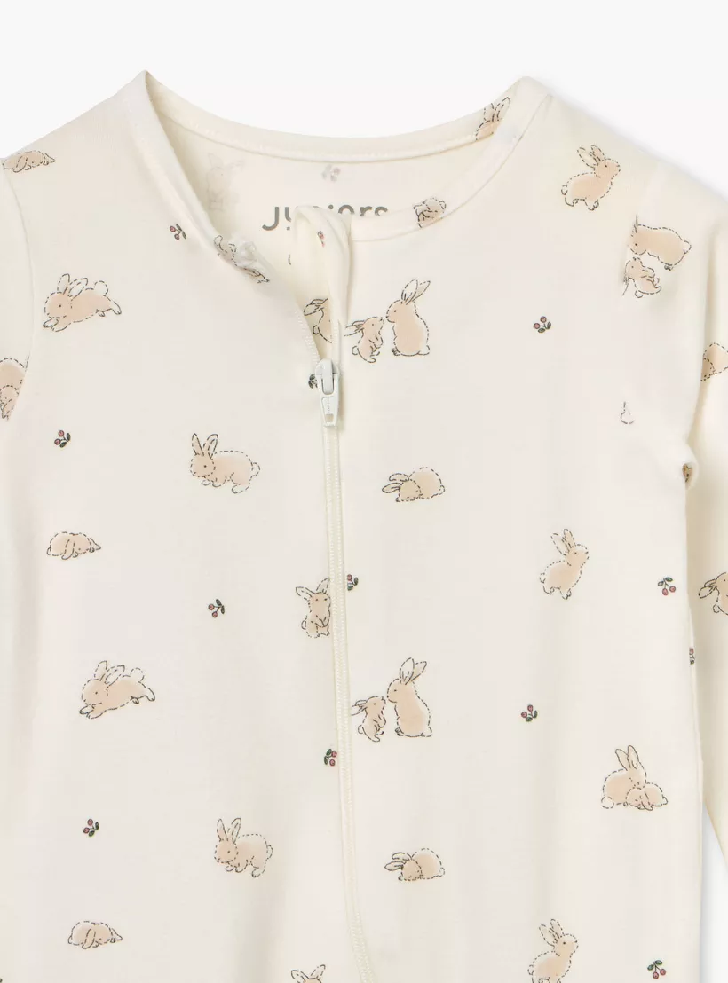 Juniors Bunny Print Sleepsuit with Long Sleeves and Zip Closure-3