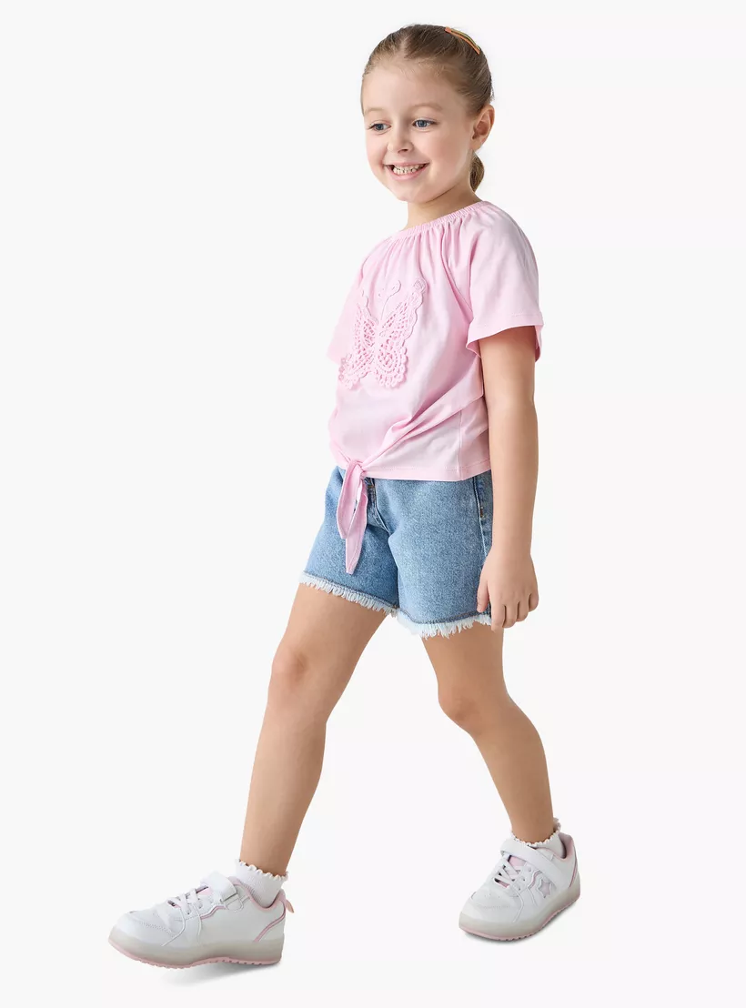 Juniors Butterfly Applique T-shirt with Short Sleeves and Front-Tie Detail-2