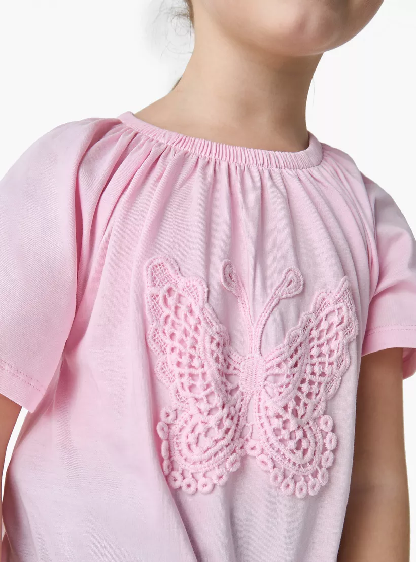 Juniors Butterfly Applique T-shirt with Short Sleeves and Front-Tie Detail-4