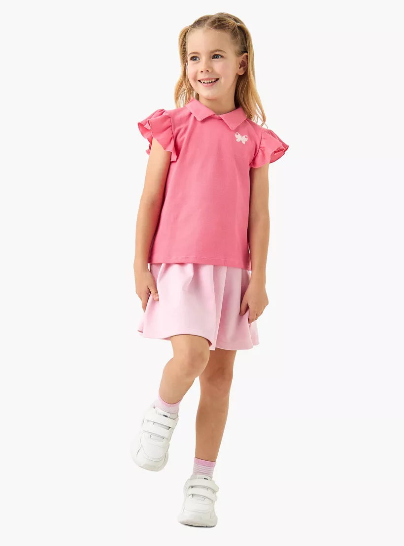 Juniors Butterfly Embroidered Polo T-shirt with Ruffle Sleeves-2