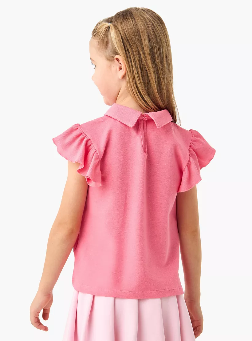 Juniors Butterfly Embroidered Polo T-shirt with Ruffle Sleeves-3