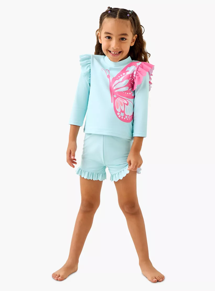 Juniors Butterfly Print Swim T-shirt and Shorts Set-1