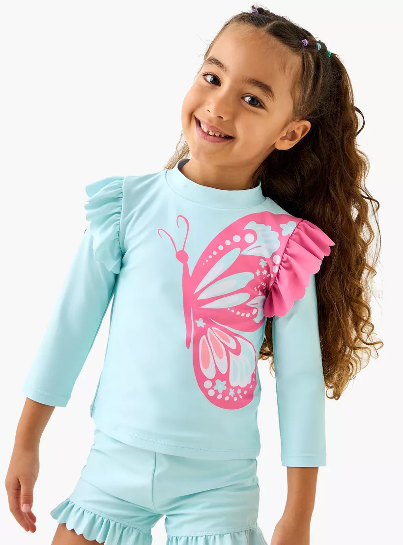 Juniors Butterfly Print Swim T-shirt and Shorts Set-2