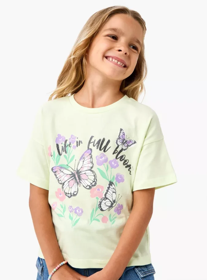 Juniors Butterfly Print T-shirt with Drop Shoulder Sleeves-1