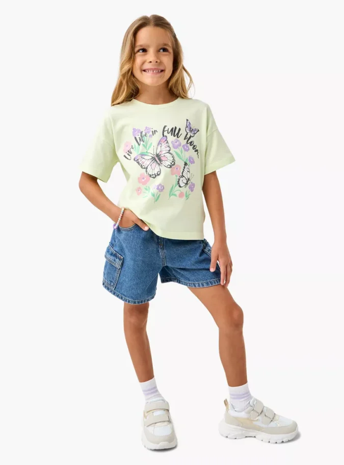 Juniors Butterfly Print T-shirt with Drop Shoulder Sleeves-2