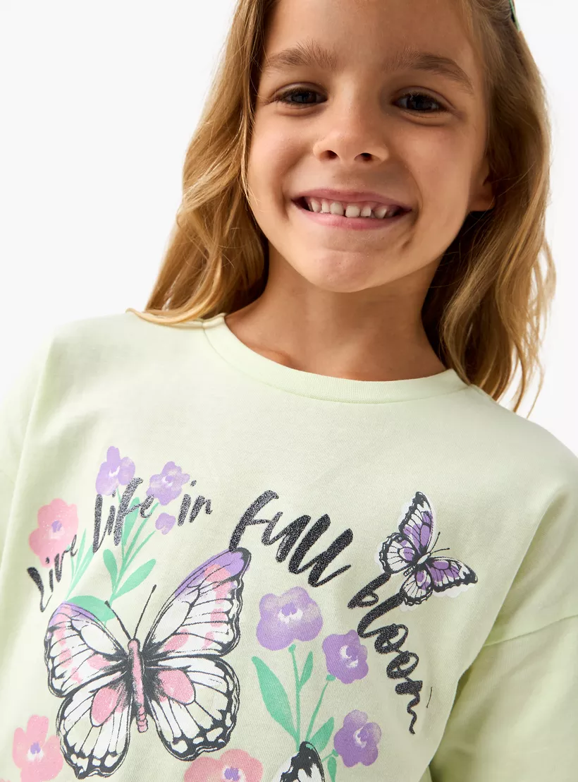 Juniors Butterfly Print T-shirt with Drop Shoulder Sleeves-4