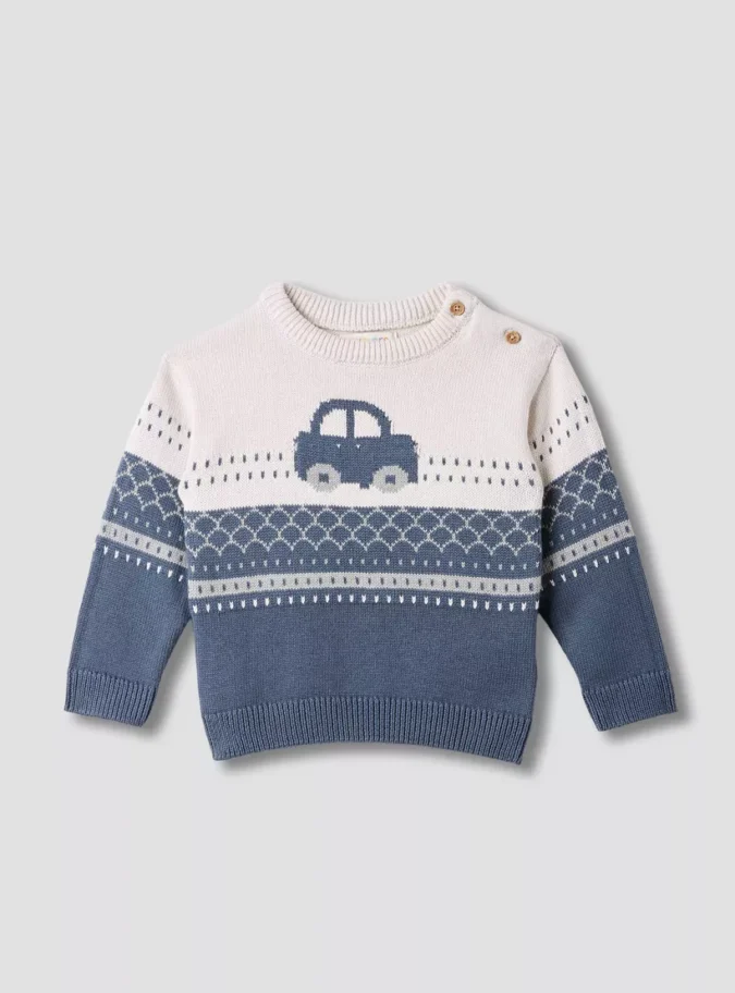 Juniors Car Print Sweater with Long Sleeves-1