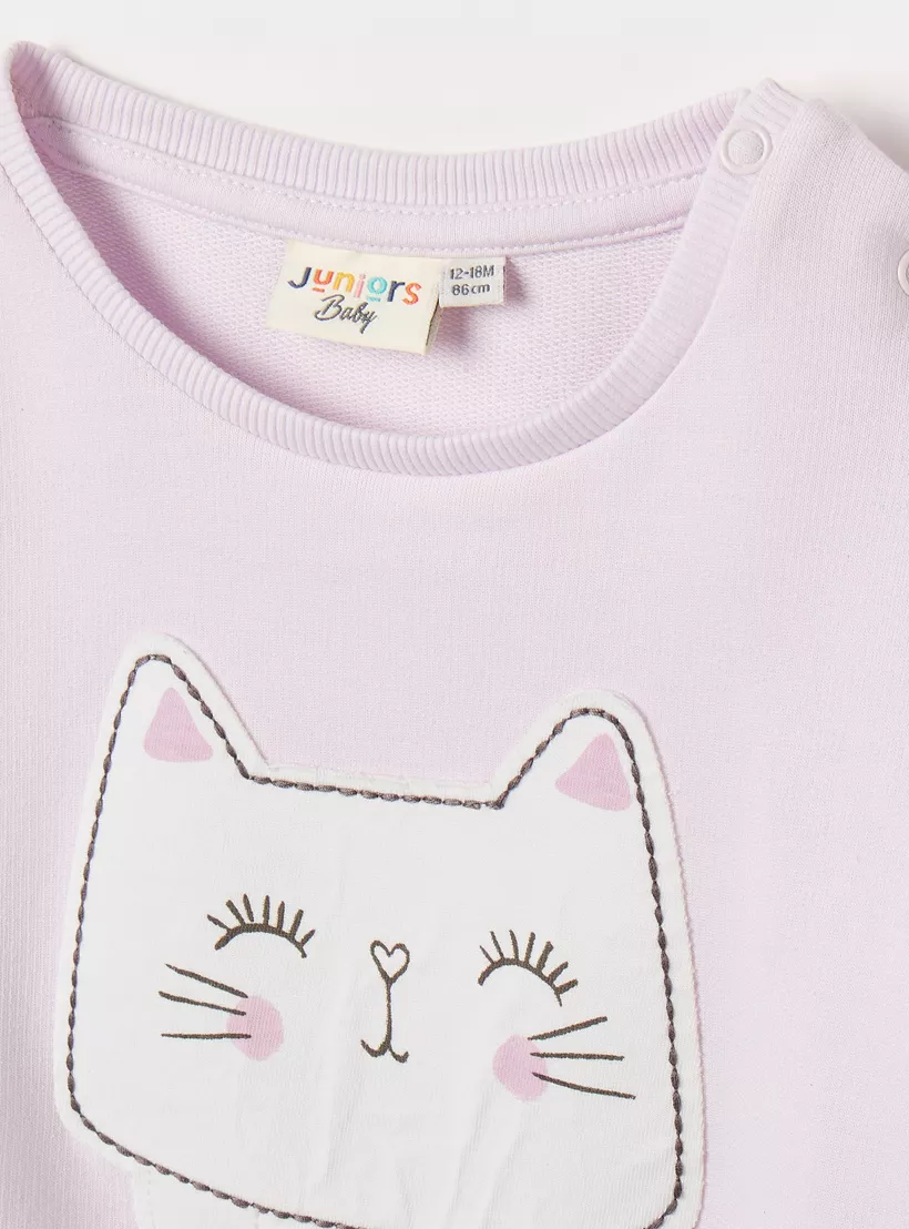Juniors Cat Applique Sweatshirt with Long Sleeves-2