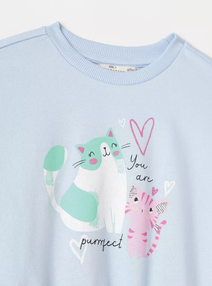 Juniors Cat Print Sweatshirt with Long Sleeves-3