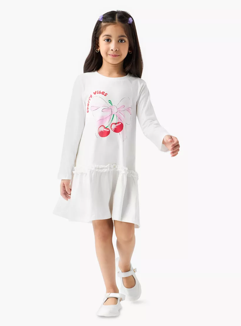 Juniors Cherry Print Drop Waist Dress with Round Neck-2