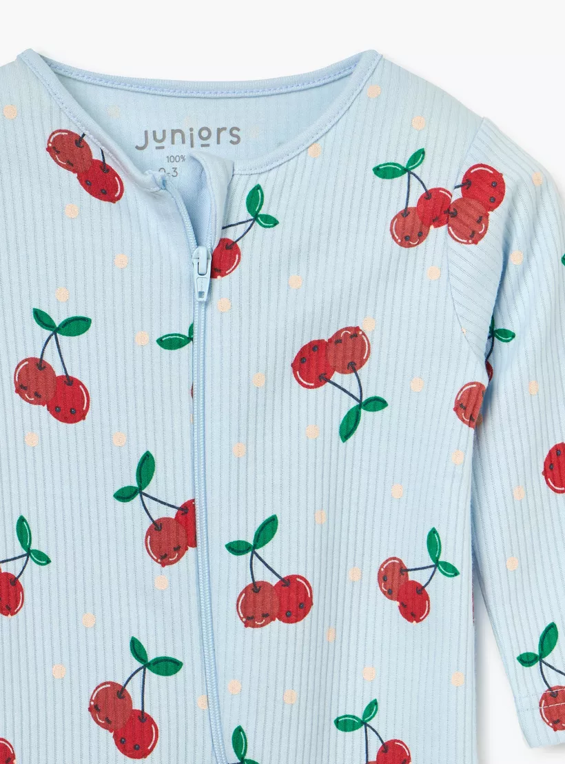 Juniors Cherry Print Sleepsuit with Long Sleeves and Zip Closure-3