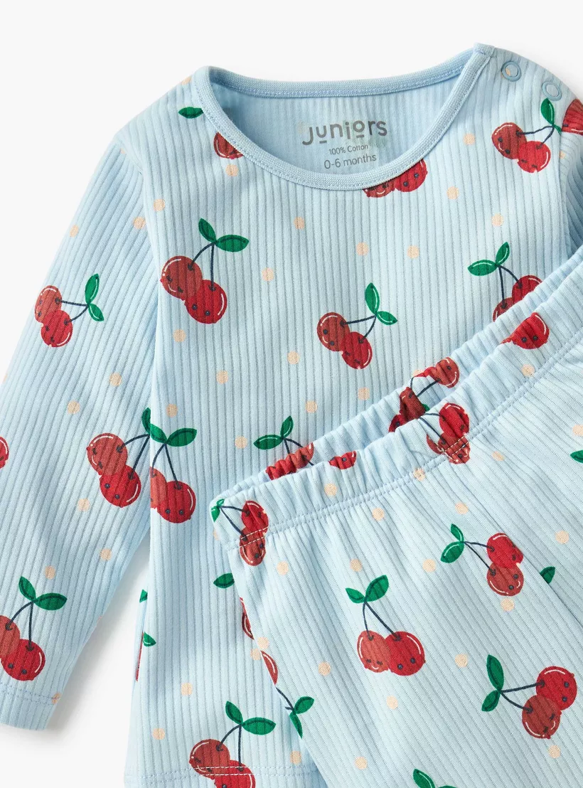 Juniors Cherry Print T-shirt and Pyjama Set-4