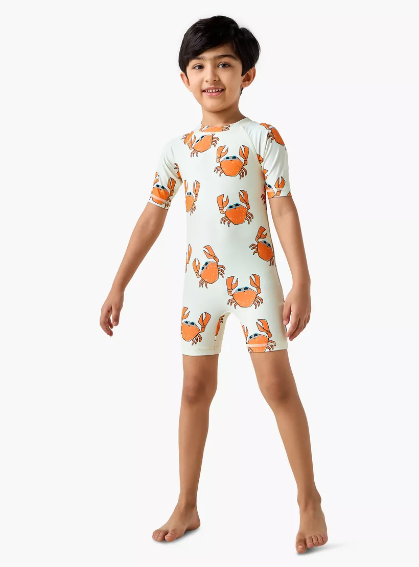 Juniors Crab Print Swimsuit with Short Sleeves and Zip Closure-2