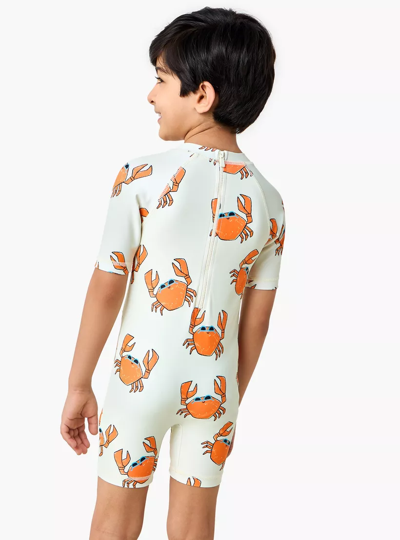 Juniors Crab Print Swimsuit with Short Sleeves and Zip Closure-3