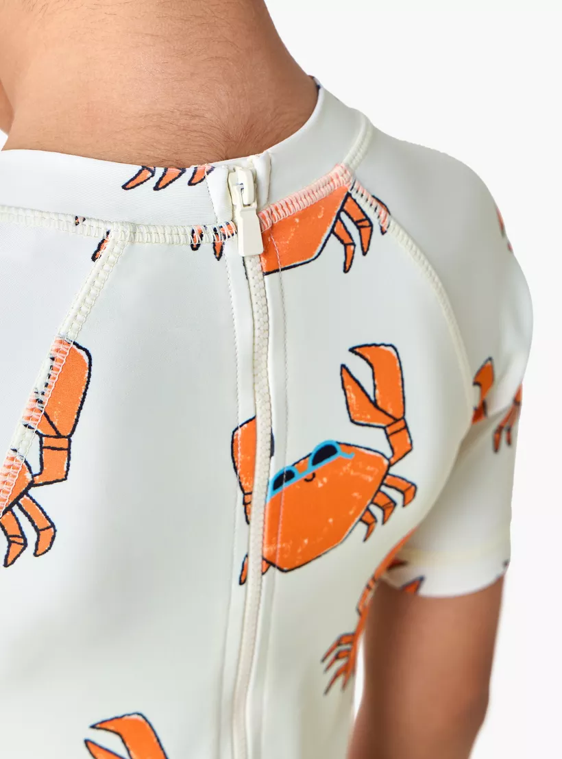 Juniors Crab Print Swimsuit with Short Sleeves and Zip Closure-4