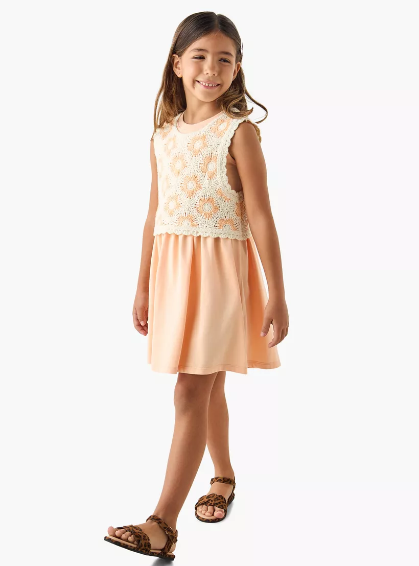 Juniors Crochet Detail Sleeveless Dress with Round Neck-2