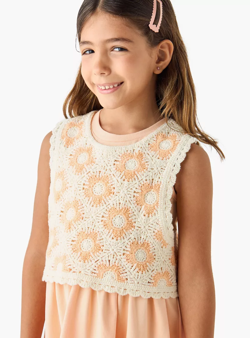 Juniors Crochet Detail Sleeveless Dress with Round Neck-4