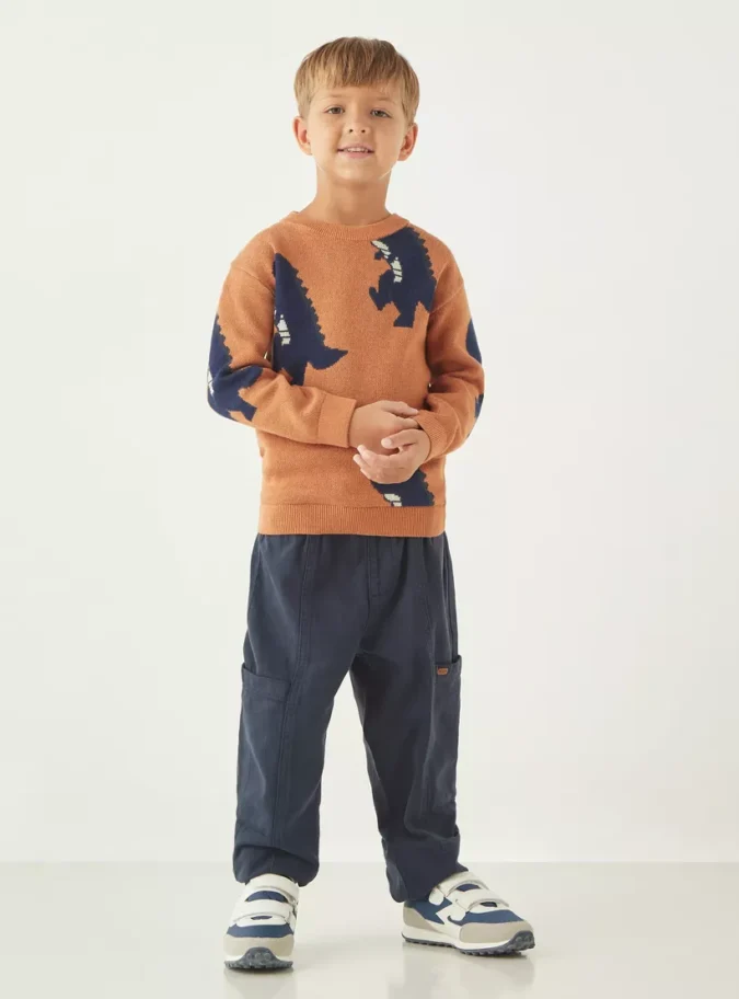 Juniors Dinosaur Textured Sweater with Long Sleeves and Crew Neck-2