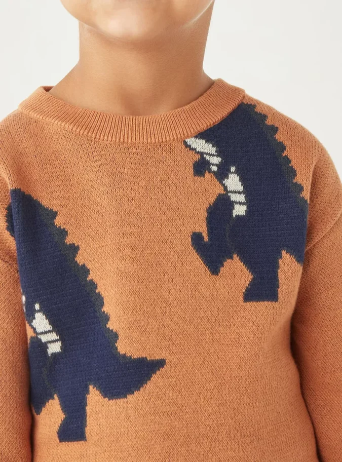 Juniors Dinosaur Textured Sweater with Long Sleeves and Crew Neck-4
