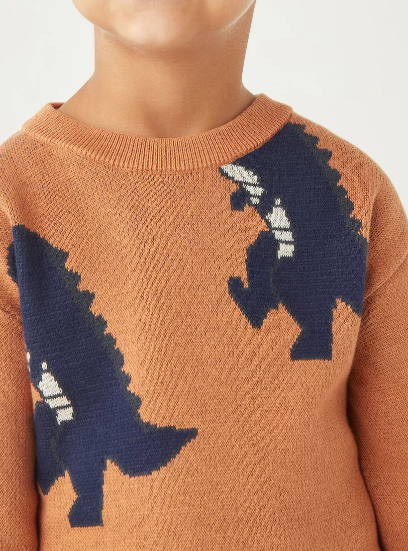Juniors Dinosaur Textured Sweater with Long Sleeves and Crew Neck-4