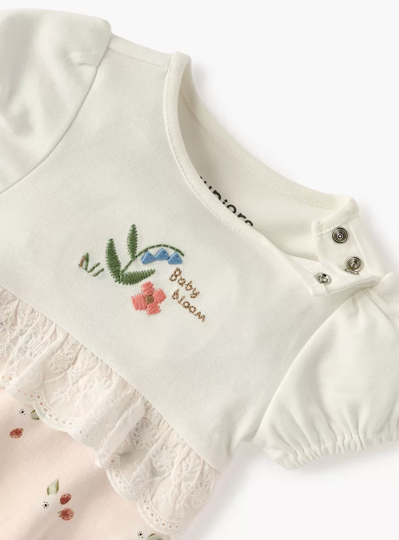 Juniors Embroidered Romper with Puff Sleeves and Lace Detail-3