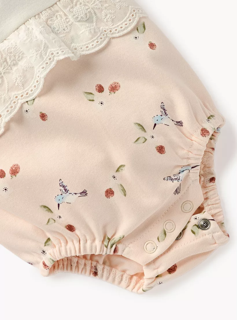 Juniors Embroidered Romper with Puff Sleeves and Lace Detail-4