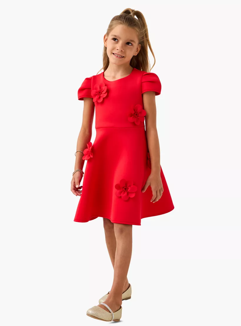Juniors Floral Applique A-line Dress with Cap Sleeves and Zip Closure-2