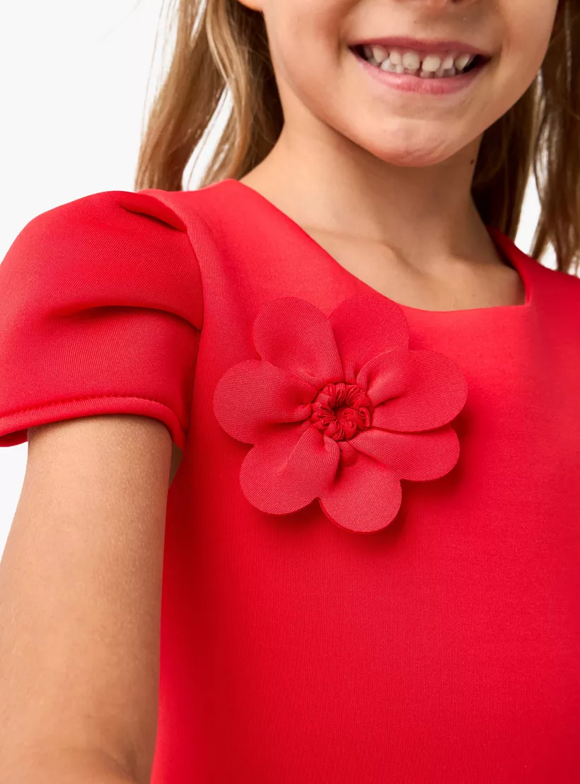 Juniors Floral Applique A-line Dress with Cap Sleeves and Zip Closure-4