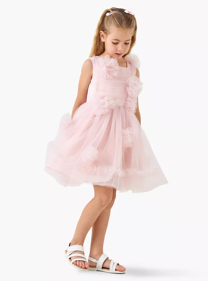 Juniors Floral Applique Sleeveless Tulle Dress-2