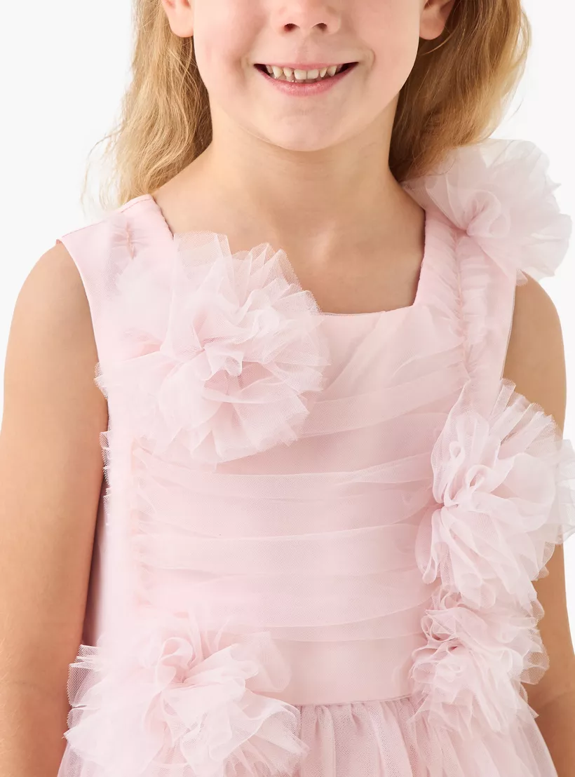 Juniors Floral Applique Sleeveless Tulle Dress-4