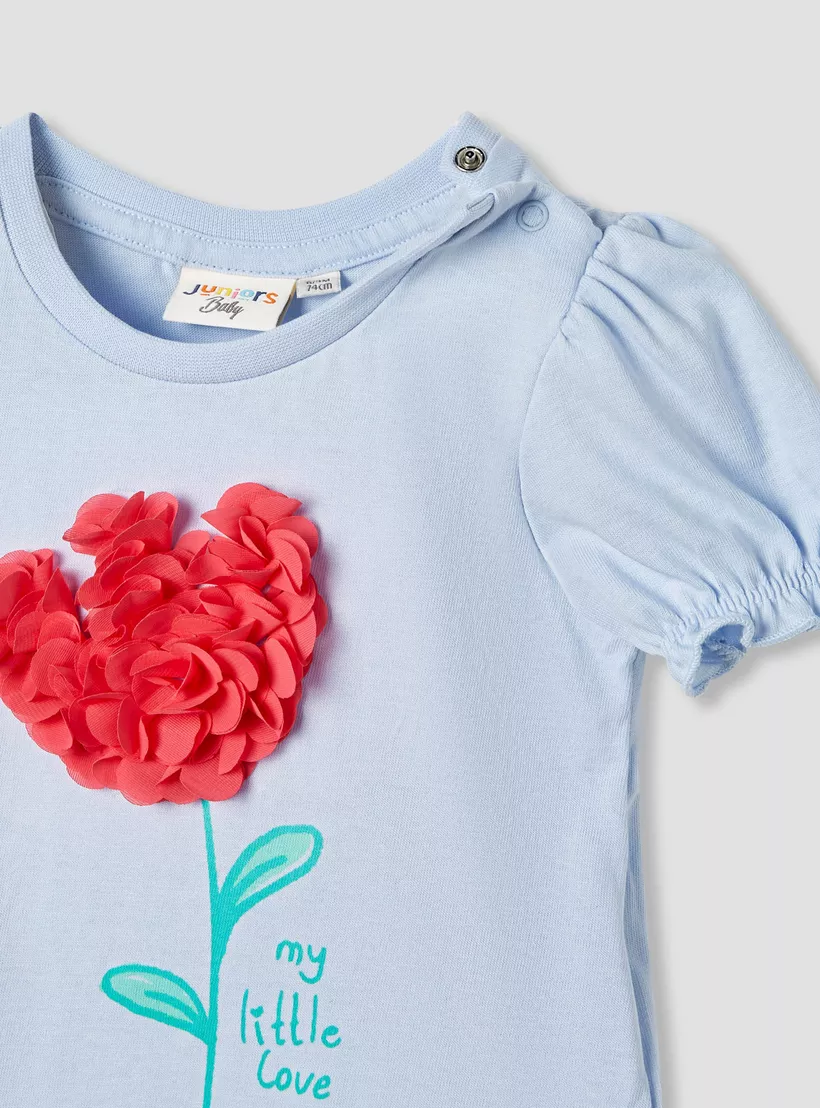 Juniors Floral Applique T-shirt with Puff Sleeves-3
