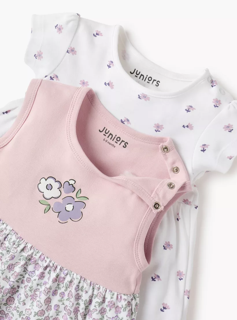 Juniors Floral Print A-line Dress with Round Neck - Set of 2-4