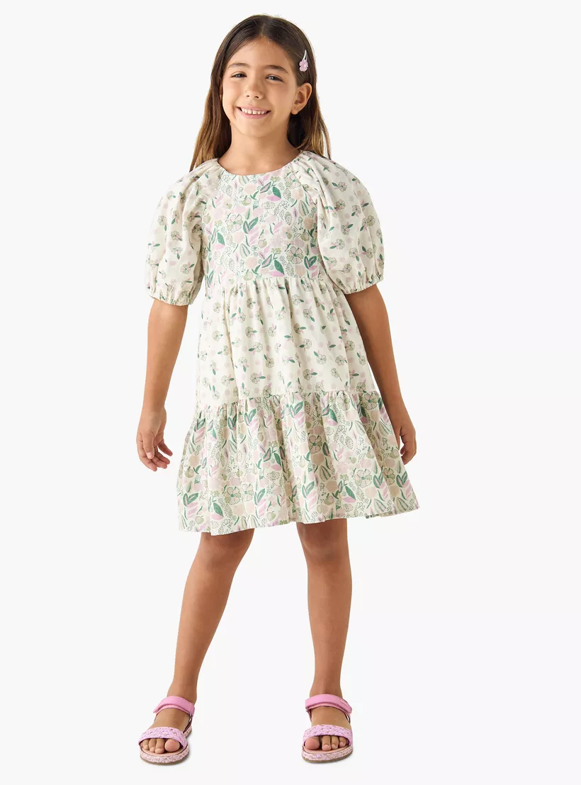 Juniors Floral Print A-line Dress with Round Neck and Short Sleeves-2
