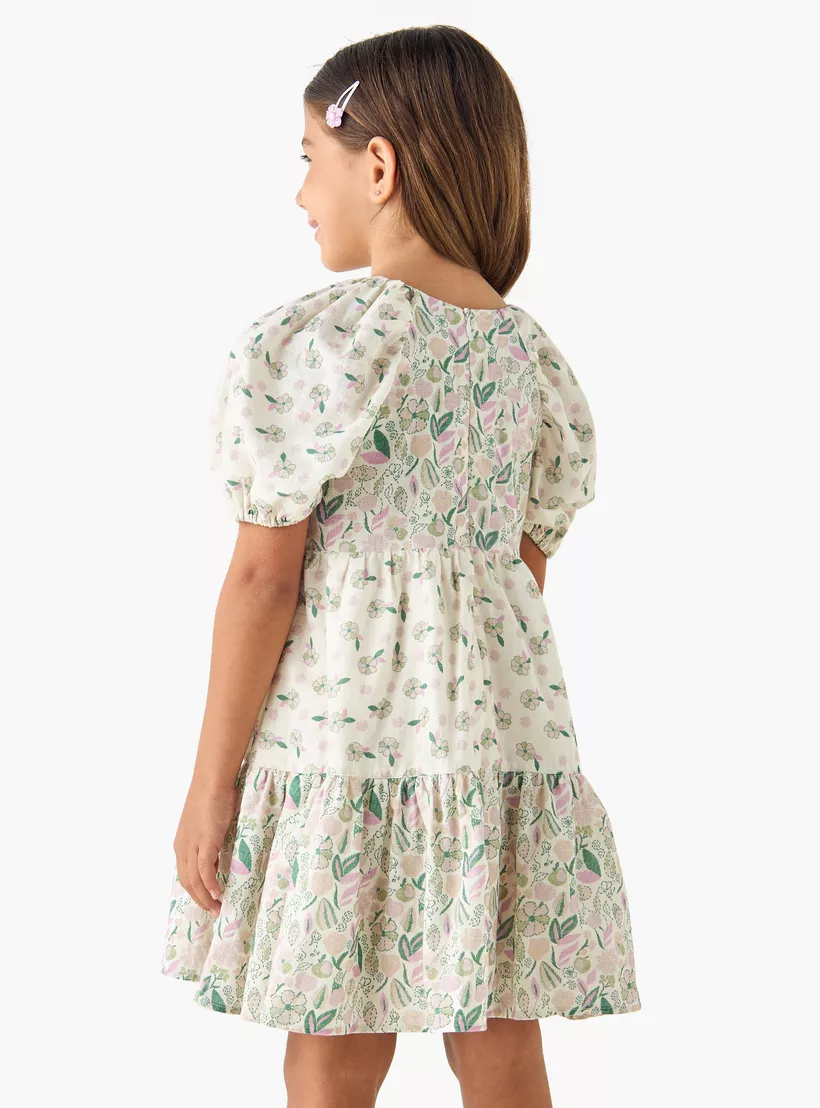 Juniors Floral Print A-line Dress with Round Neck and Short Sleeves-3