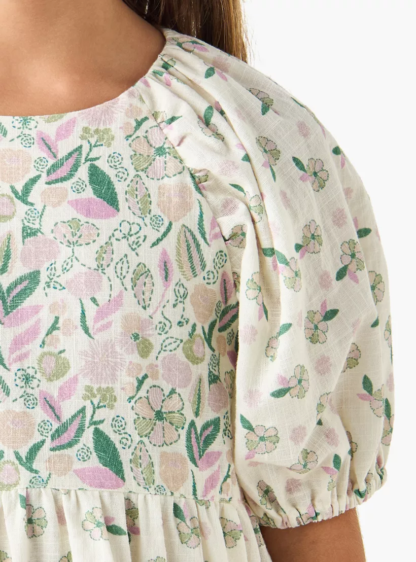 Juniors Floral Print A-line Dress with Round Neck and Short Sleeves-4