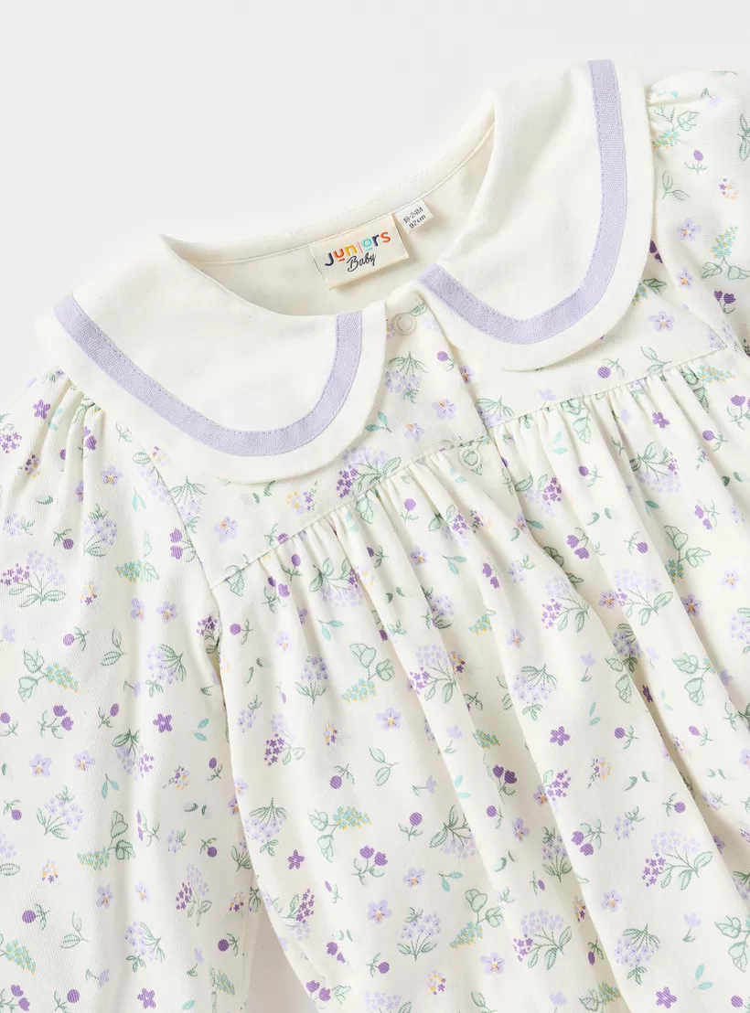 Juniors Floral Print Collared Neckline Romper with Long Sleeves and Button Closure-2