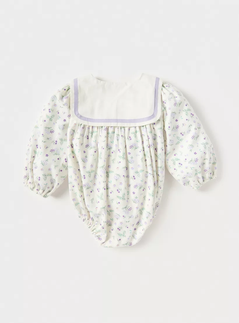 Juniors Floral Print Collared Neckline Romper with Long Sleeves and Button Closure-4