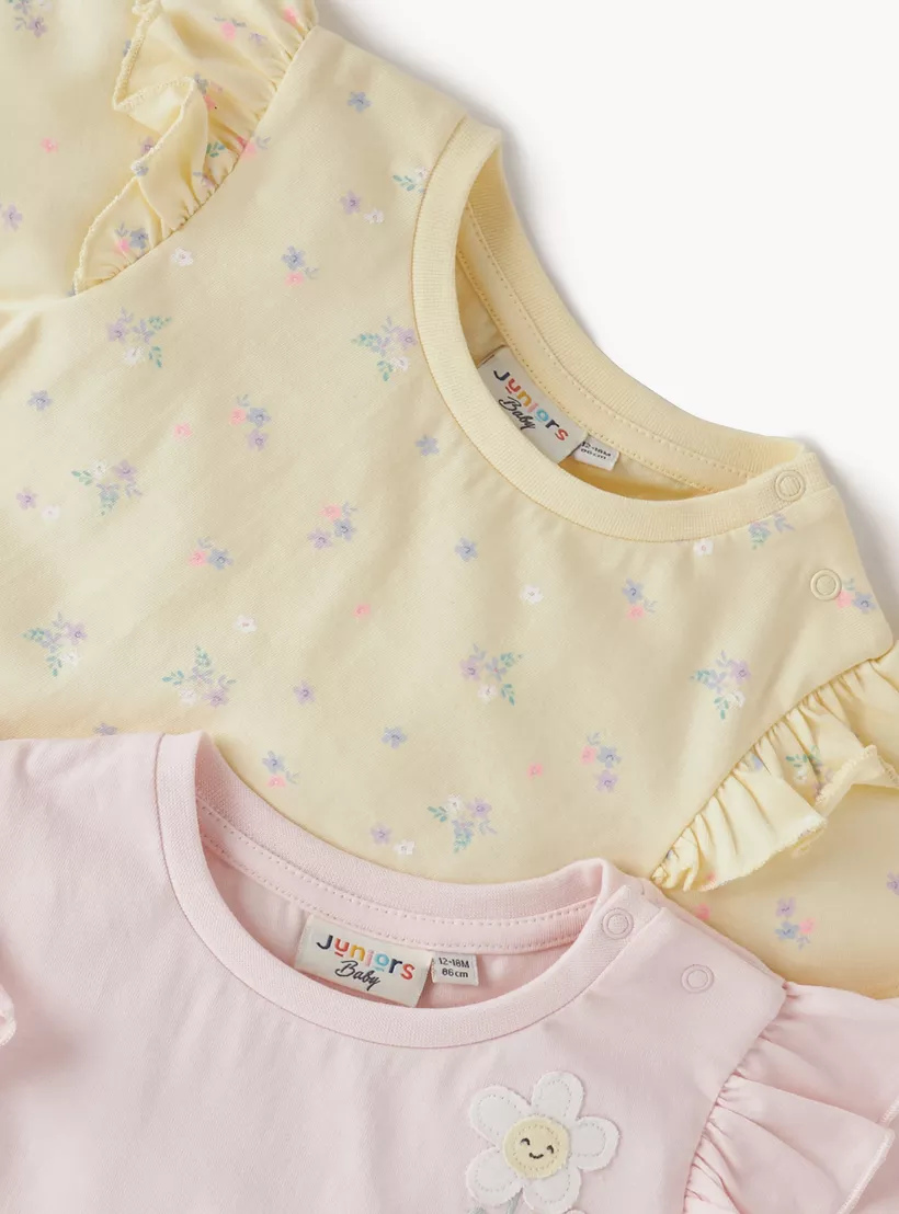 Juniors Floral Print Crew Neck T-shirt with Short Sleeves - Set of 2-
