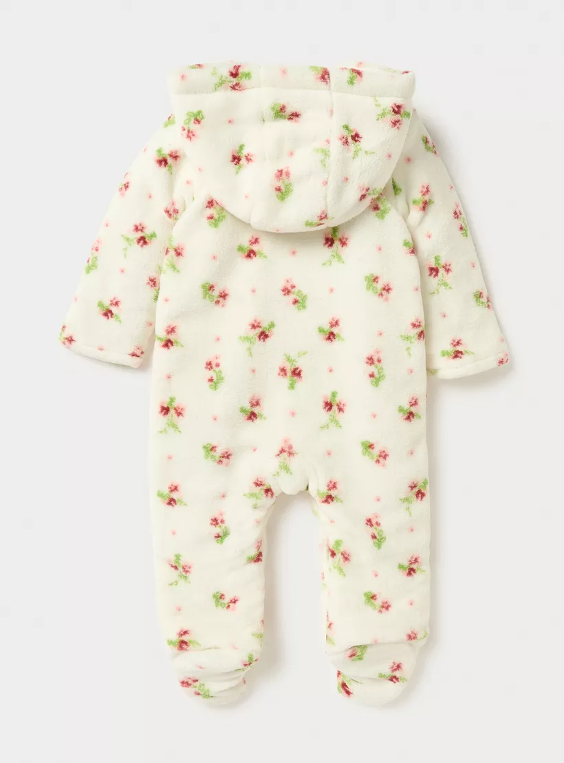 Juniors Floral Print Hooded Padded Closed Feet Sleepsuit with Long Sleeves-2