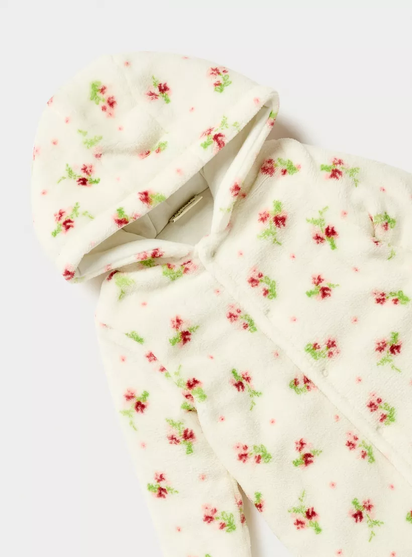 Juniors Floral Print Hooded Padded Closed Feet Sleepsuit with Long Sleeves-3