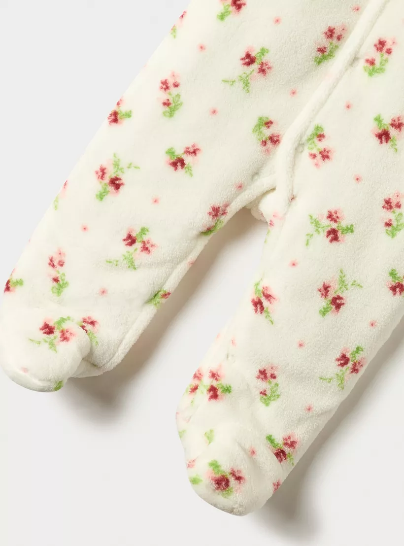 Juniors Floral Print Hooded Padded Closed Feet Sleepsuit with Long Sleeves-4
